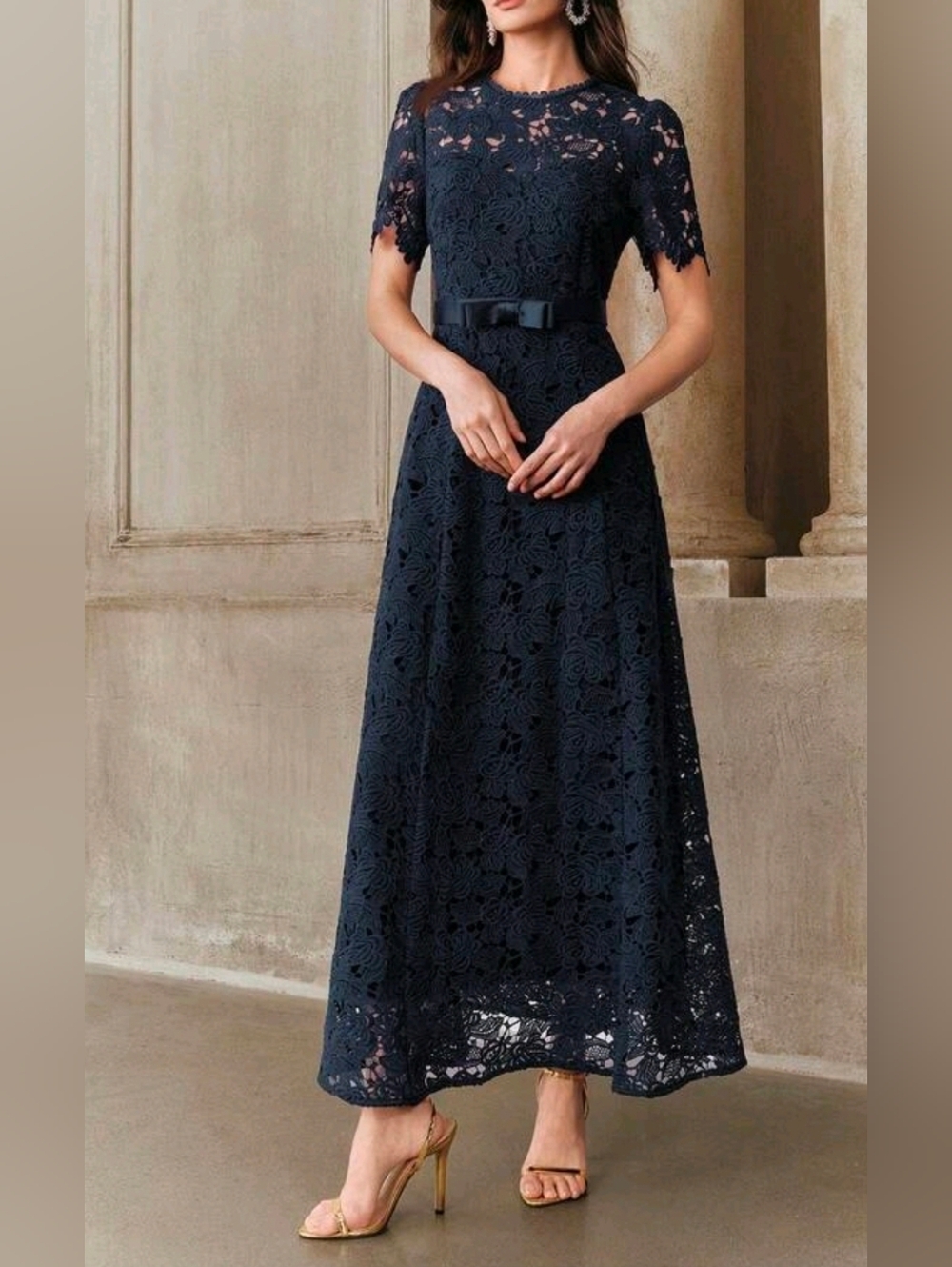 New Luxe Embroidered Lace Satin Bow Waist Long Dress Short Sleeve Navy Blue